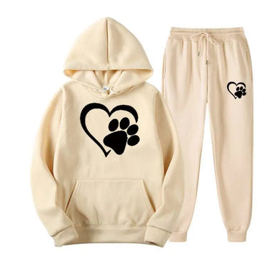 Cream-colored printed hoodie sets with white heart paw and black paw printed hoodie designs in matching joggers