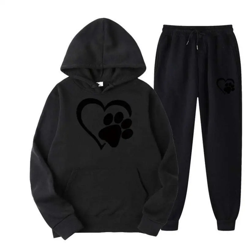 Black hoodie and sweatpants set with white heart paw printed design on front and left leg in paw printed hoodie sets