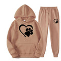Beige hooded sweatshirt and matching joggers set with black white heart paw printed graphics paw printed hoodie sets