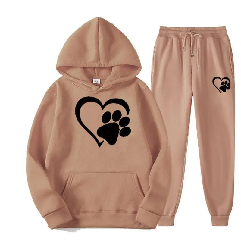 Beige hooded sweatshirt and matching joggers set with black white heart paw printed graphics paw printed hoodie sets