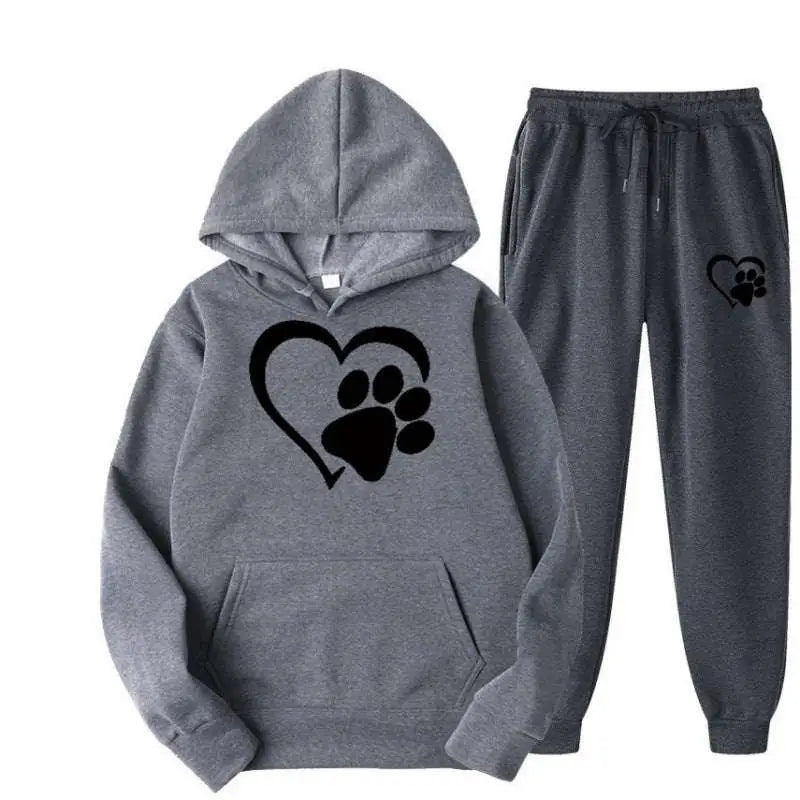 Gray heathered printed hoodie sets with black white heart paw and paw printed hoodie designs for casual wear