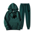 Dark green hooded sweatshirt and joggers set with black white heart paw printed hoodie design on front and leg