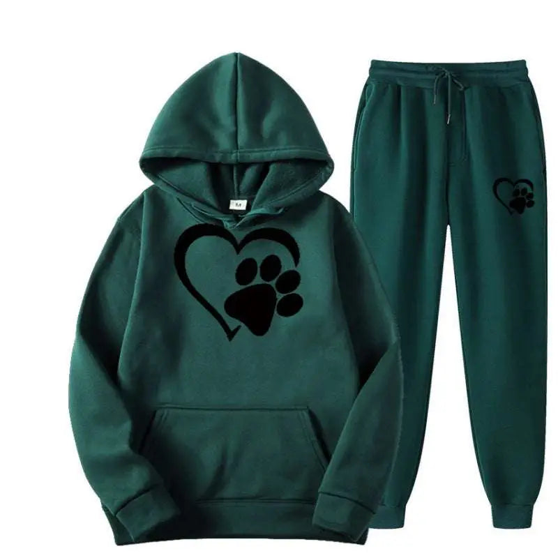Dark green hooded sweatshirt and joggers set with black white heart paw printed hoodie design on front and leg