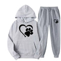 Gray hooded sweatshirt and joggers set with white heart paw printed black paw designs in stylish printed hoodie sets