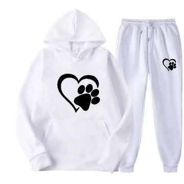 White heart paw printed hoodie sets featuring a white hoodie and sweatpants with black heart and paw designs