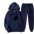 Navy blue printed hoodie sets with white heart paw design on front and left leg, featuring a paw printed hoodie style