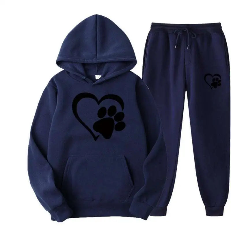 Navy blue printed hoodie sets with white heart paw design on front and left leg, featuring a paw printed hoodie style