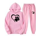 Pink hooded sweatshirt and joggers set with black white heart paw printed hoodie designs in a matching outfit