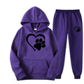 Purple hooded sweatshirt and joggers set with black heart and paw print design front for white heart paw printed hoodie sets