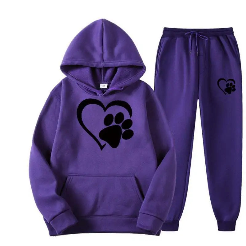 Purple hooded sweatshirt and joggers set with black heart and paw print design front for white heart paw printed hoodie sets