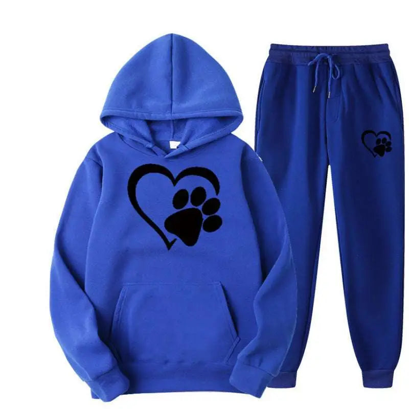 Royal blue hooded sweatshirt and joggers set with black heart paw graphic front for white heart paw printed hoodie sets