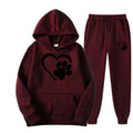 Maroon hooded sweatshirt and joggers set with black heart and paw design in white heart paw printed hoodie sets