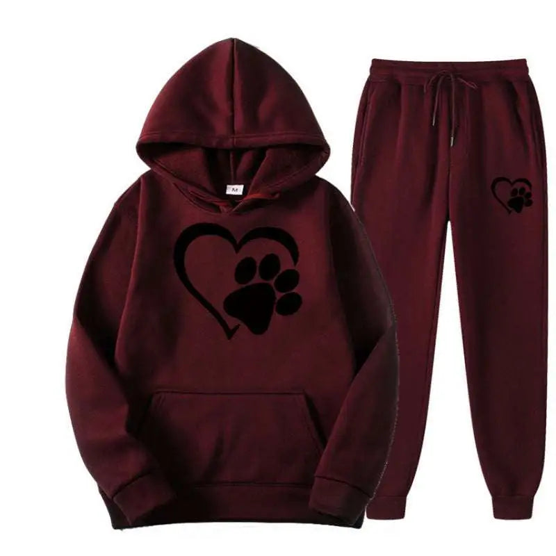 Maroon hooded sweatshirt and joggers set with black heart and paw design in white heart paw printed hoodie sets