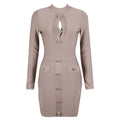 Beige long-sleeved dress with white high neck chest scheming hip short skirt style features pleated front and gold-tone buttons