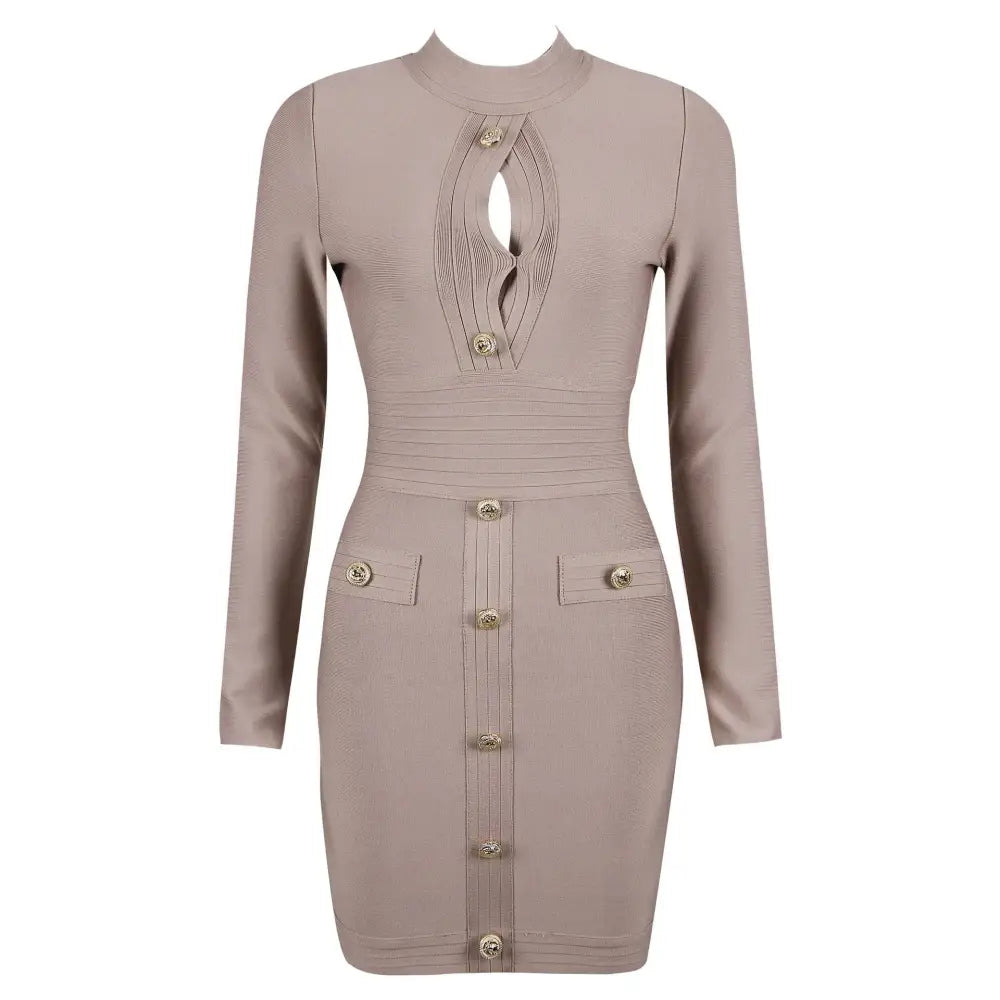 Beige long-sleeved dress with white high neck chest scheming hip short skirt style features pleated front and gold-tone buttons