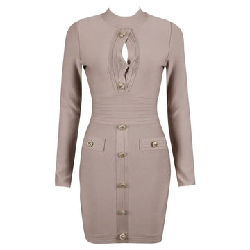 Beige long-sleeved dress with white high neck chest scheming hip short skirt style features pleated front and gold-tone buttons