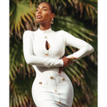 A white high neck bodycon dress with gold-tone buttons featuring a chest scheming hip short skirt design