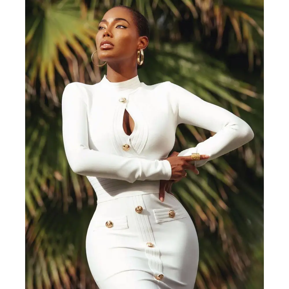 A white high neck bodycon dress with gold-tone buttons featuring a chest scheming hip short skirt design
