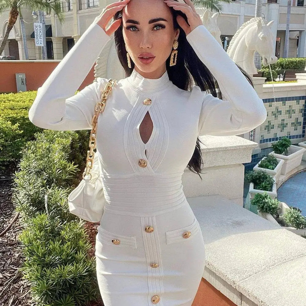 White high neck fitted dress featuring gold-tone buttons and chain strap bag showcasing chest scheming hip short skirt style