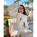 White high neck structured mini dress with gold-tone button detailing and chest scheming hip short skirt design
