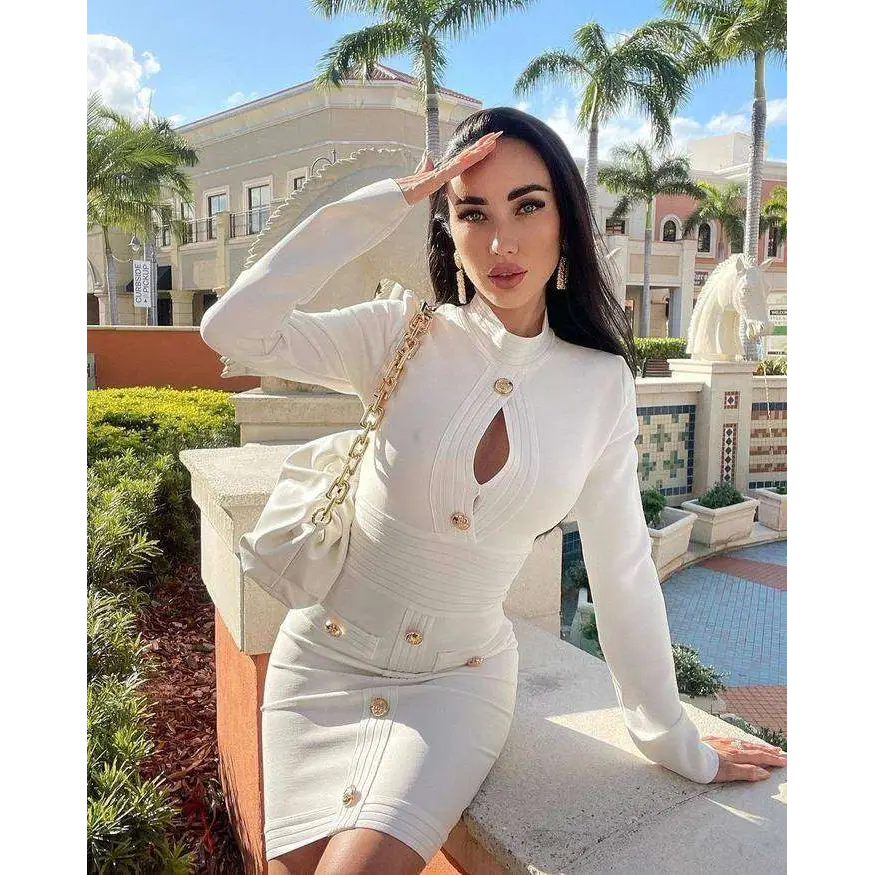 White high neck structured mini dress with gold-tone button detailing and chest scheming hip short skirt design
