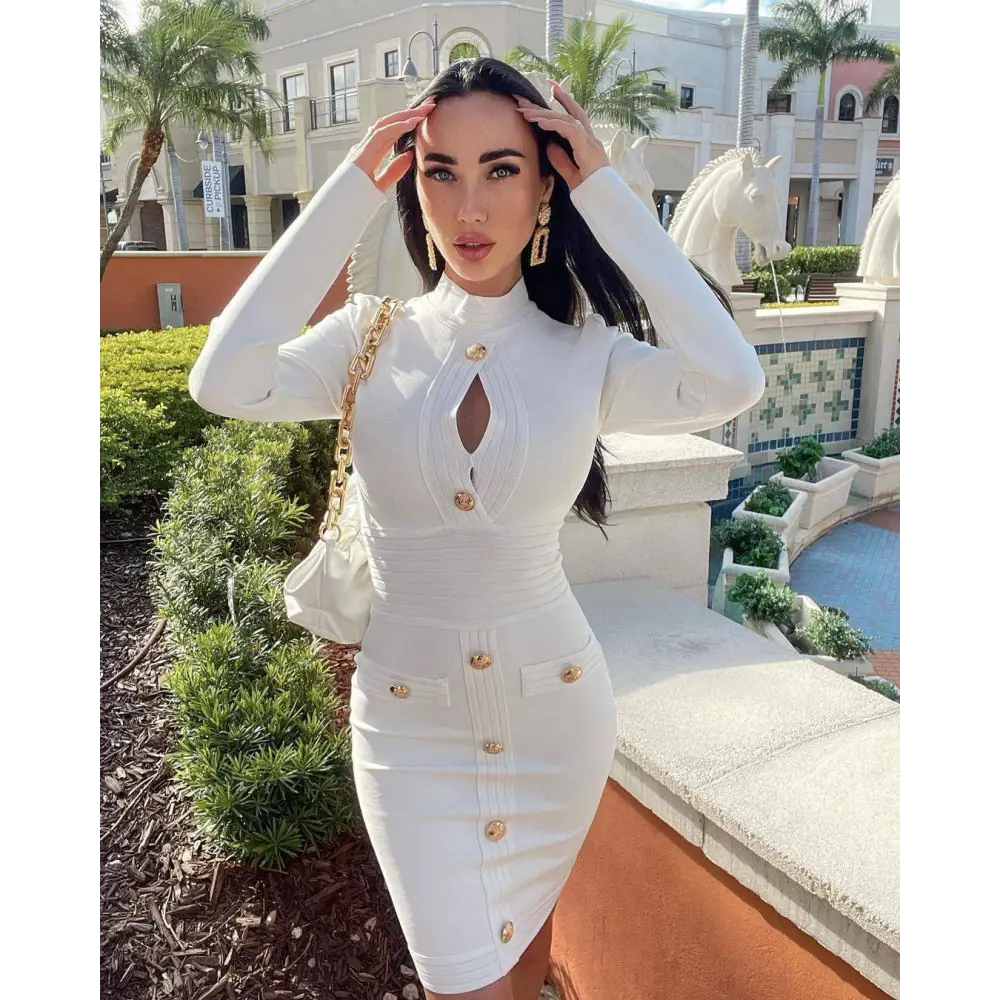 White high neck long-sleeved fitted dress with gold-tone buttons featuring chest scheming hip short skirt design