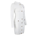A sleek white high neck chest scheming hip short skirt dress with long sleeves and gold-tone buttons from Balmain