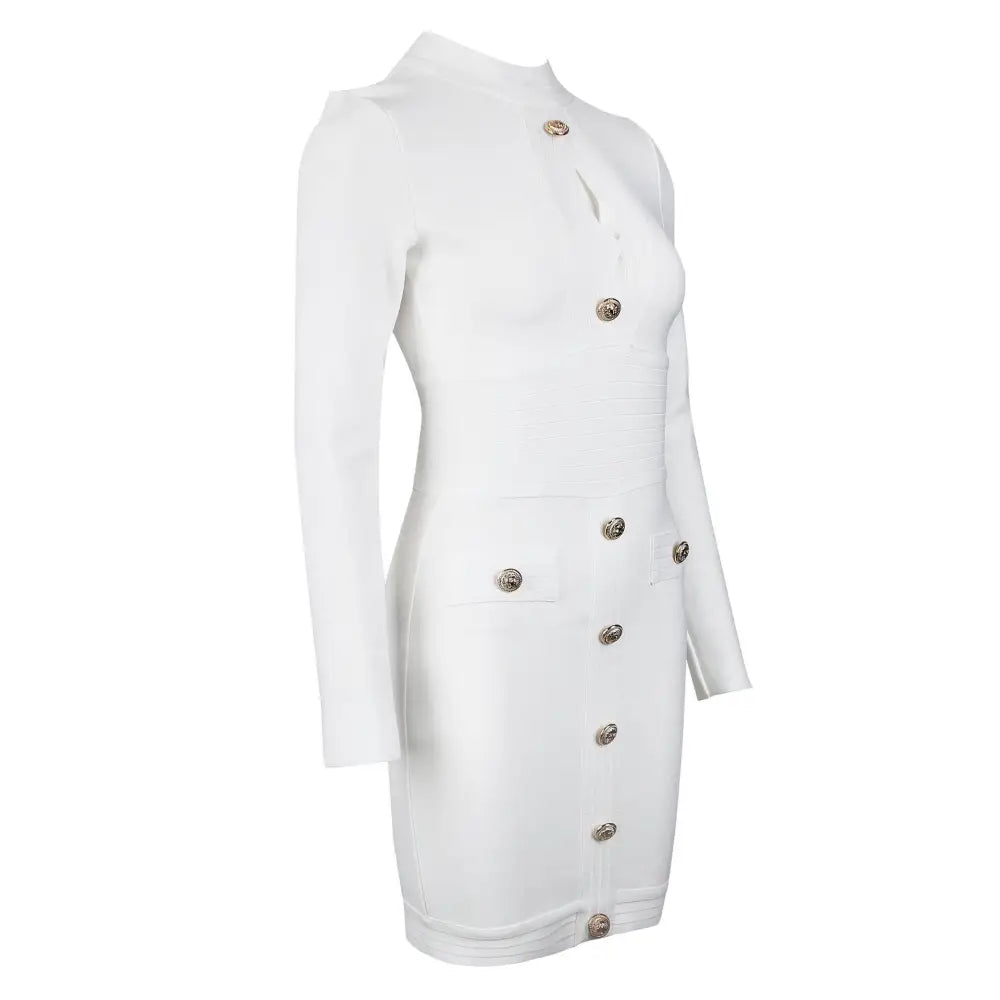 A sleek white high neck chest scheming hip short skirt dress with long sleeves and gold-tone buttons from Balmain