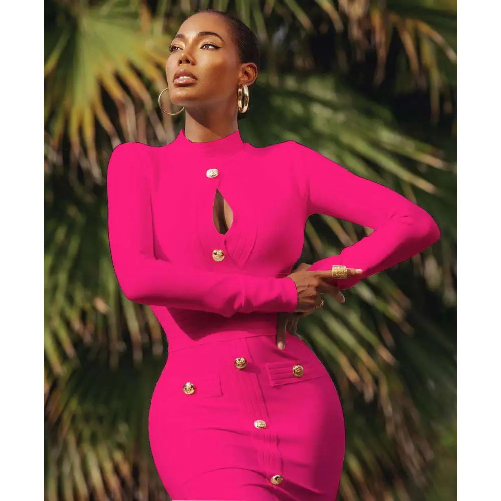 A vibrant fuchsia long-sleeved fitted dress with gold-tone buttons and a high neckline complements a chest scheming hip short skirt