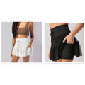 White and black tiered ruffle shorts with drawstring waistband resembling waist pleated skirt and safety pants summer design