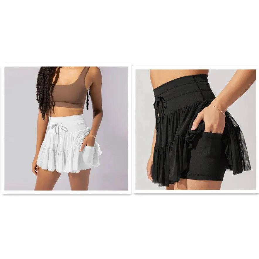 White and black tiered ruffle shorts with drawstring waistband resembling waist pleated skirt and safety pants summer design