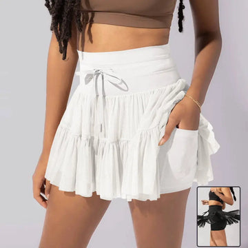 White high waist pleated skirt with drawstring waist safety pants summer and side pockets for active wear