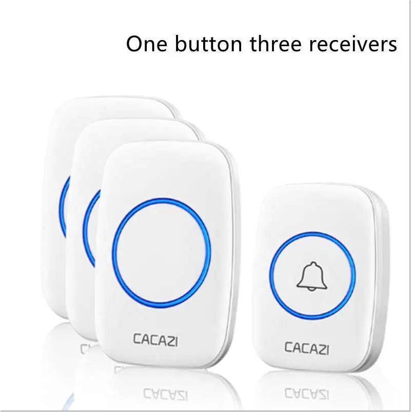 White intelligent exchange doorbell system with a wireless doorbell home button and three receivers featuring blue accents