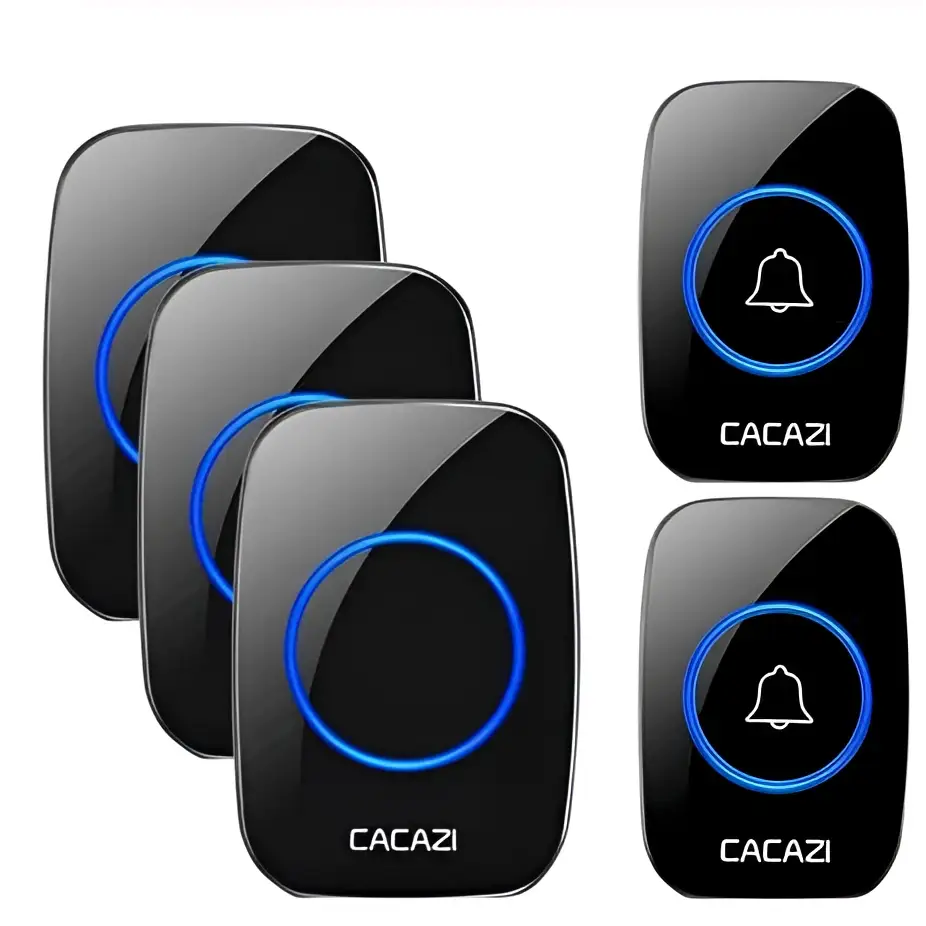 Black glossy cacazi doorbell push buttons with blue illuminated rings and white bell icons for intelligent exchange doorbell system