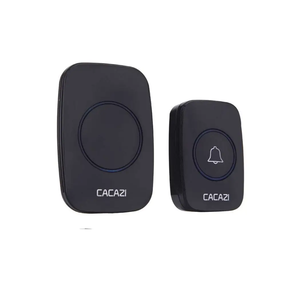 Black cacazi wireless doorbell system with sleek rectangular buttons and white bell icon for intelligent exchange doorbell use