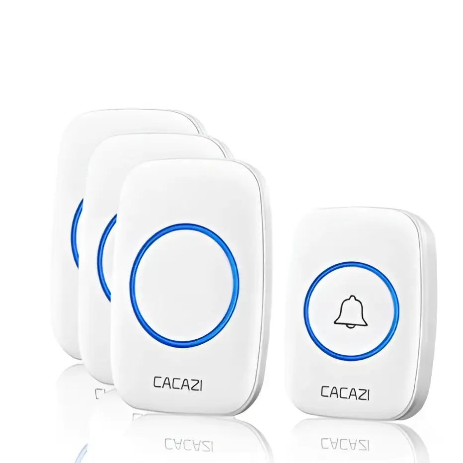 White intelligent exchange doorbell system wireless doorbell home with blue accents and bell icon on pager intelligent exchange receiver