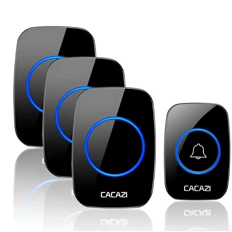 Black cacazi wireless doorbell system with glossy finish and blue glowing accents for intelligent exchange doorbell use
