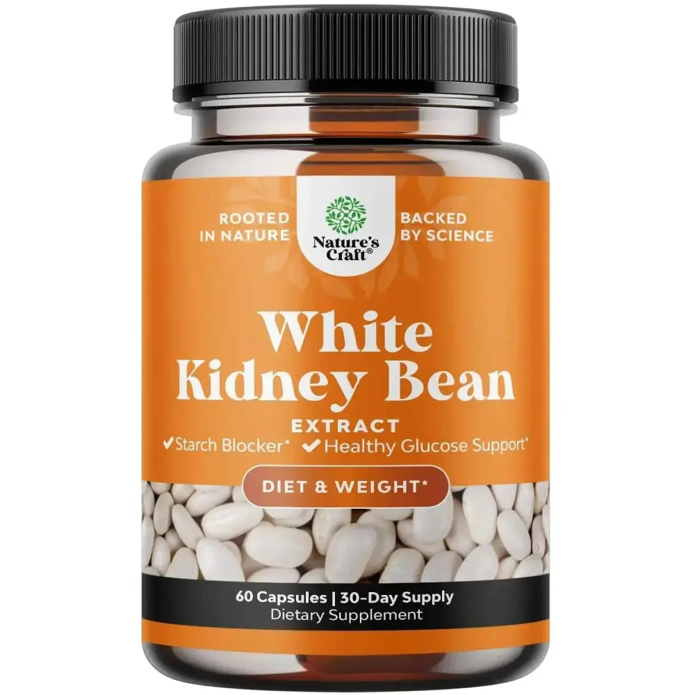 Nature’s craft white kidney bean extract dietary supplement in amber glass bottle with black cap and orange label