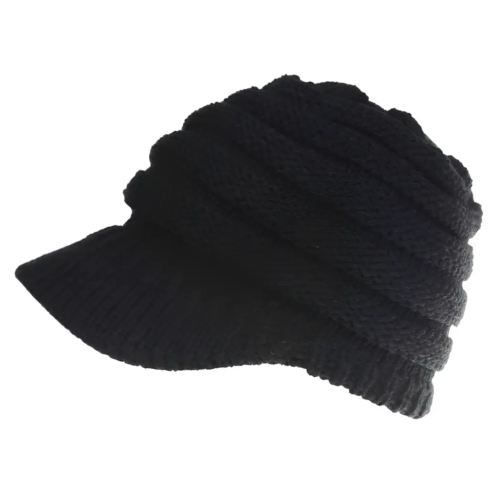 Black knitted women ponytail beanie with ribbed texture and short brim suitable for outdoor wear