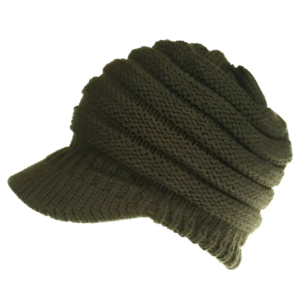 Olive green knitted women ponytail beanie with ribbed texture and structured brim suitable for outdoor use