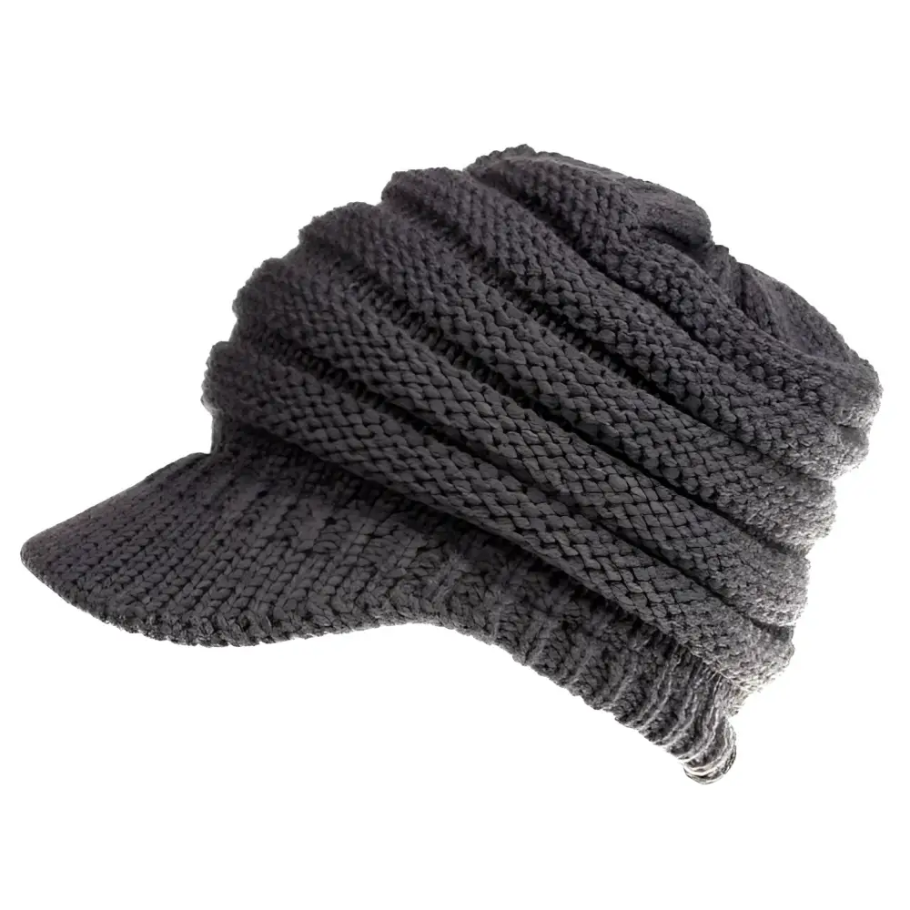 Dark gray knitted women ponytail beanie with ribbed texture and structured brim suitable for outdoor use