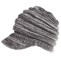 A cozy gray and white knitted women ponytail beanie with brim suitable for comfortable wear