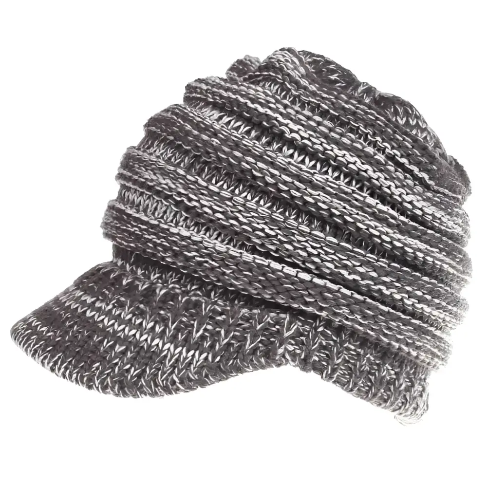 A cozy gray and white knitted women ponytail beanie with brim suitable for comfortable wear