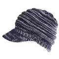 White knitted women ponytail beanie with brim suitable featuring dark navy and white textured striped yarn