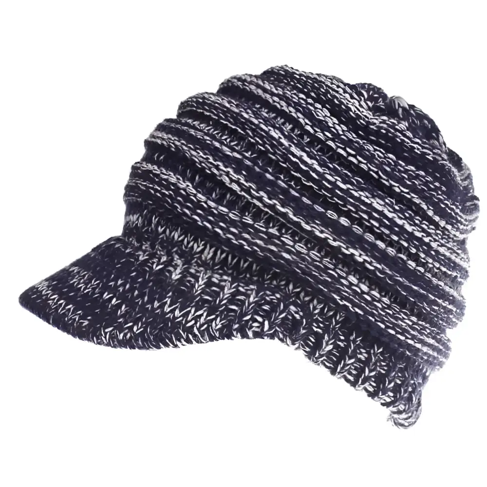 White knitted women ponytail beanie with brim suitable featuring dark navy and white textured striped yarn