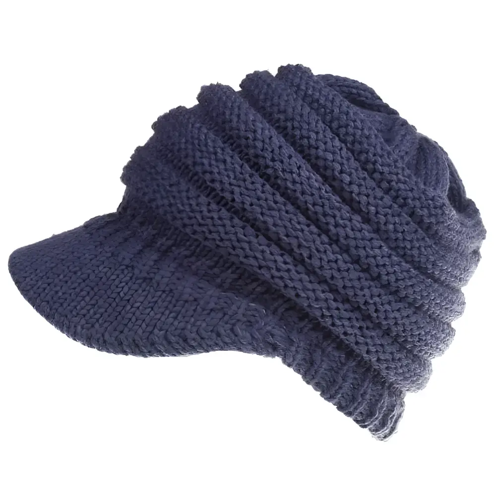 Cozy navy blue knitted women ponytail beanie with ribbed texture and structured brim suitable for outdoor wear