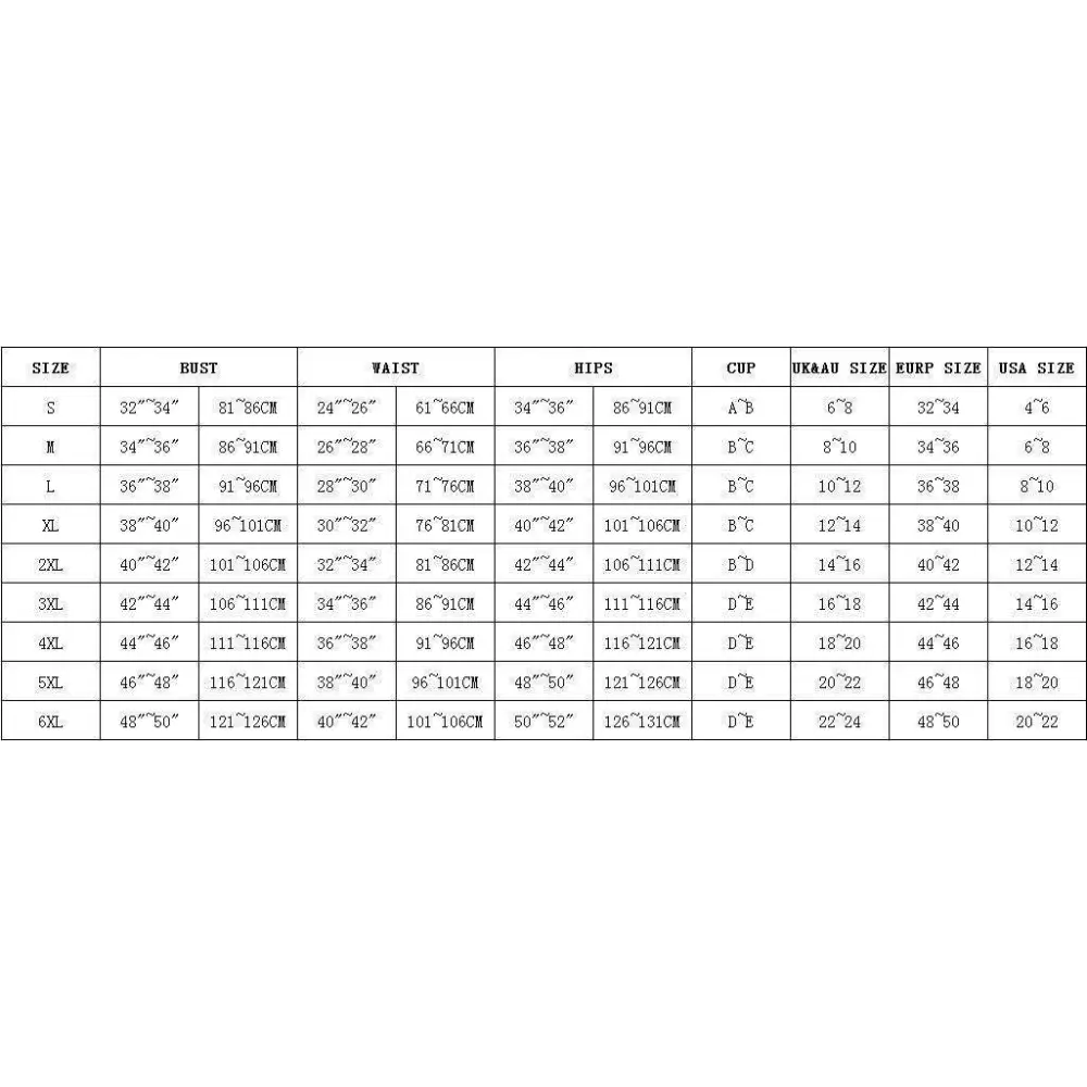 Size chart for white knot front printed sunflower bikini displaying bust waist hips cup and international sizes for swimsuit fit