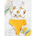 White knot front printed sunflower bikini crop top with yellow and white sunflower-print and tied front detail