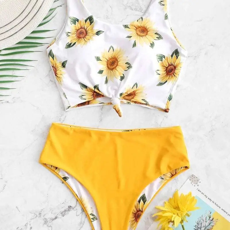 White knot front printed sunflower bikini top with yellow and white sunflower print and front knot detail