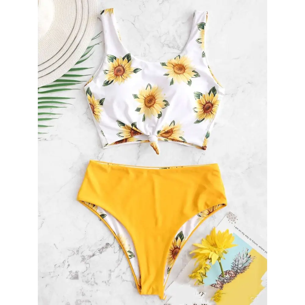 White knot front printed sunflower bikini crop top with yellow sunflower print and tied front detail for beachwear